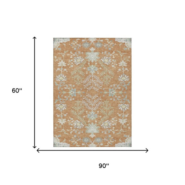 5 X 8 Copper Ivory Oriental Polyester Area Rug Stain Resistant Indoor Outdoor