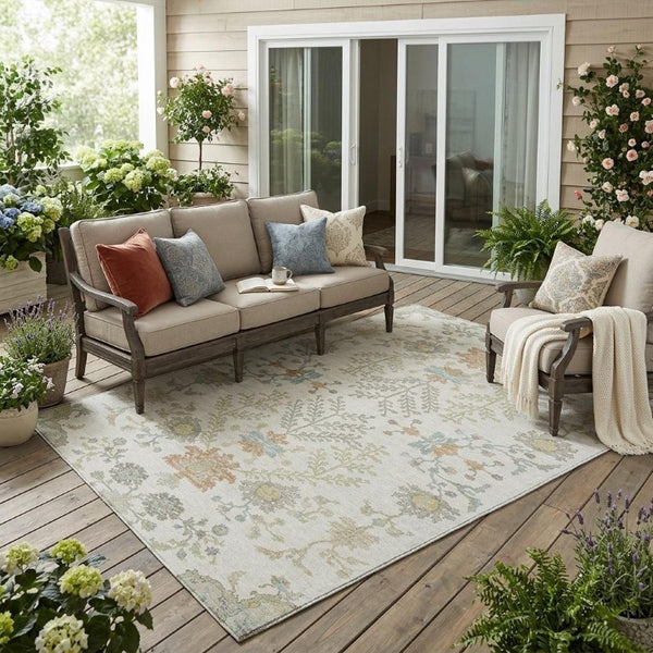 5x8 Ivory Beige Oriental Polyester Area Rug Washable Stain Resistant Indoor Outdoor