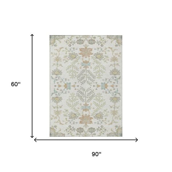 5x8 Ivory Beige Oriental Polyester Area Rug Washable Stain Resistant Indoor Outdoor