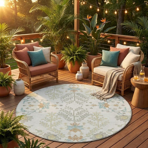 8 Ft Round Oriental Polyester Area Rug Washable Stain Resistant for Indoor Outdoor Use