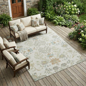 8 X 10 Ivory Beige Oriental Polyester Area Rug Washable for Indoor Outdoor Use