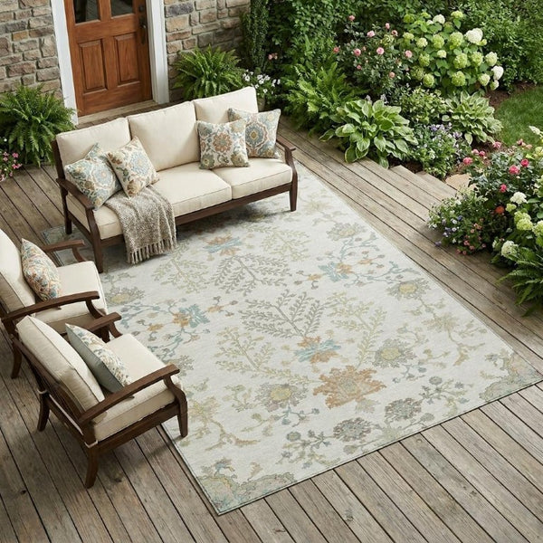 8 X 10 Ivory Beige Oriental Polyester Area Rug Washable for Indoor Outdoor Use