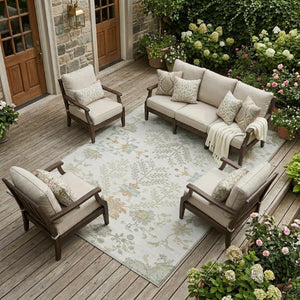 9 X 12 Ivory Beige Oriental Polyester Area Rug for Indoor Outdoor High Traffic Use