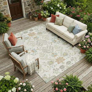 10 X 14 Ivory Beige Oriental Polyester Area Rug Stain Resistant Indoor Outdoor