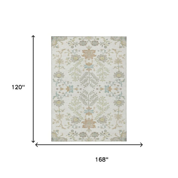 10 X 14 Ivory Beige Oriental Polyester Area Rug Stain Resistant Indoor Outdoor