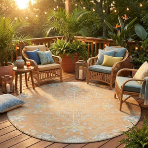 8 Foot Round Oriental Polyester Area Rug Washable Peach Ivory Patio or Kitchen