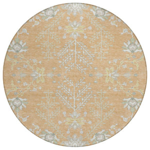 8 Foot Round Oriental Polyester Area Rug Washable Peach Ivory Patio or Kitchen