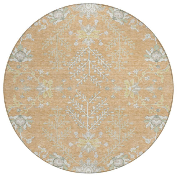 8 Foot Round Oriental Polyester Area Rug Washable Peach Ivory Patio or Kitchen