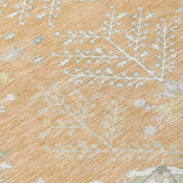 8 Foot Round Oriental Polyester Area Rug Washable Peach Ivory Patio or Kitchen