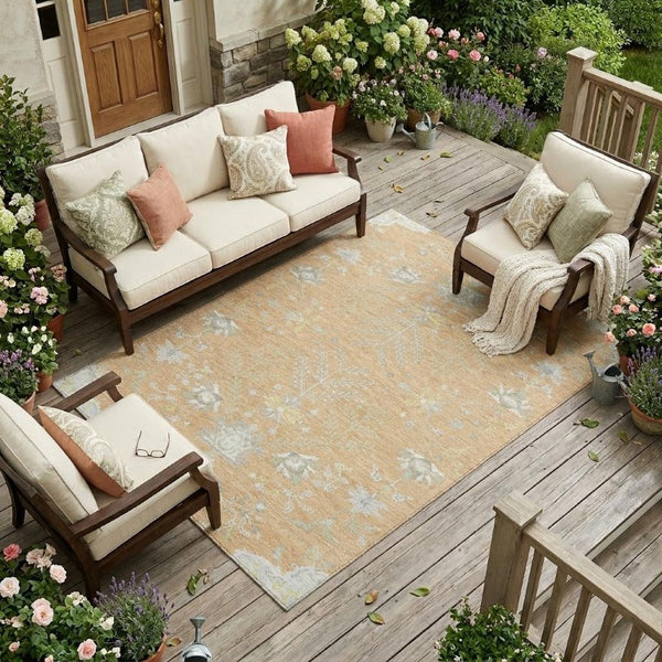 8x10 Peach Ivory Oriental Polyester Area Rug Stain Resistant for Patio or Living Room