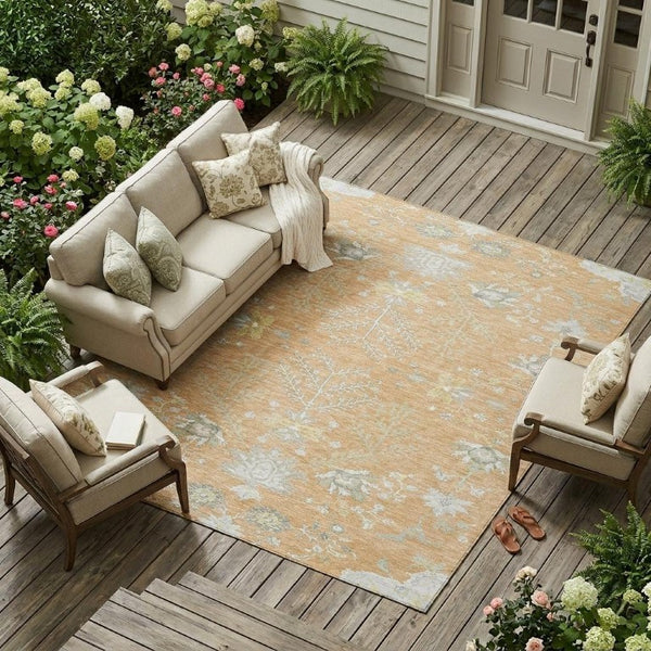 9 X 12 Peach Ivory Oriental Polyester Area Rug for Indoor Outdoor Living Spaces