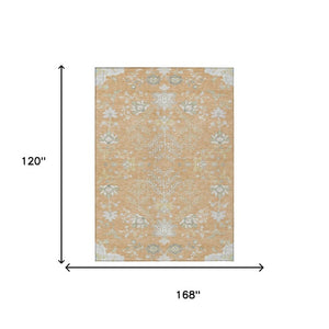 10 X 14 Peach Ivory Oriental Polyester Rug Washable Indoor Outdoor Stain Resistant