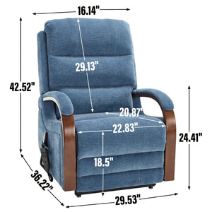 English Elm Power Lift Recliner Chair Chenille Upholstery Dual Motor Heat Massage Solid Wood Arms Blue W1803S00067