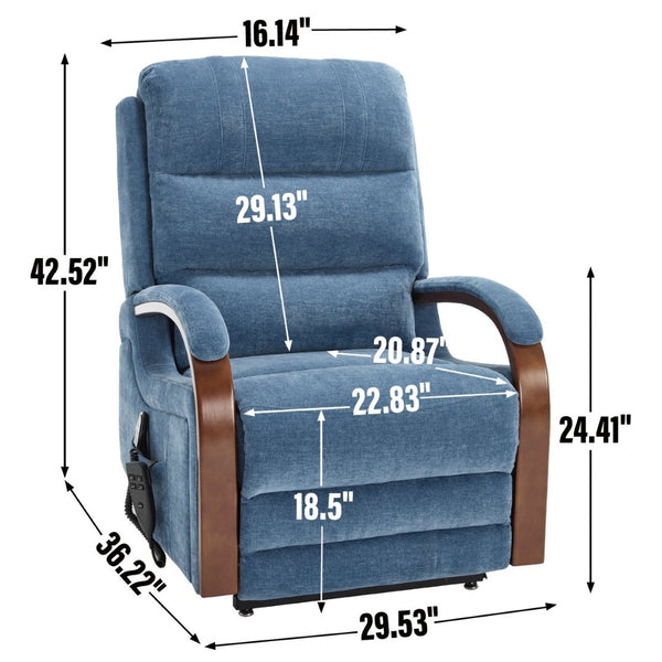 English Elm Power Lift Recliner Chair Chenille Upholstery Dual Motor Heat Massage Solid Wood Arms Blue W1803S00067