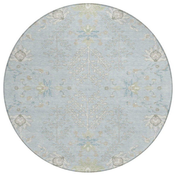 HomeRoots 8 Foot Round Oriental Polyester Area Rug Washable Indoor Outdoor Sky Blue Ivory 736152
