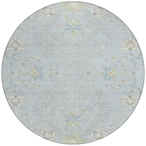 8 Foot Round Oriental Polyester Area Rug Washable Indoor Outdoor Sky Blue Ivory