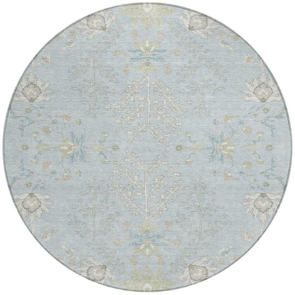 8 Foot Round Oriental Polyester Area Rug Washable Indoor Outdoor Sky Blue Ivory