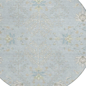8 Foot Round Oriental Polyester Area Rug Washable Indoor Outdoor Sky Blue Ivory