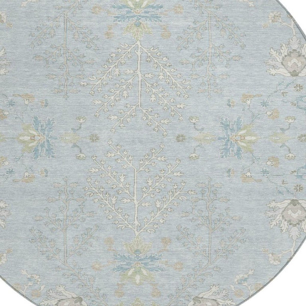 8 Foot Round Oriental Polyester Area Rug Washable Indoor Outdoor Sky Blue Ivory