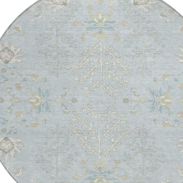 8 Foot Round Oriental Polyester Area Rug Washable Indoor Outdoor Sky Blue Ivory