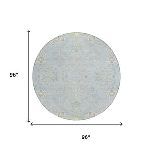 8 Foot Round Oriental Polyester Area Rug Washable Indoor Outdoor Sky Blue Ivory
