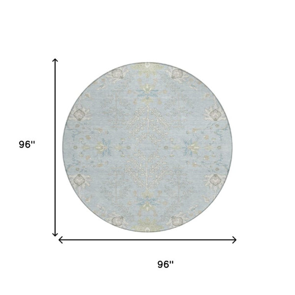 8 Foot Round Oriental Polyester Area Rug Washable Indoor Outdoor Sky Blue Ivory