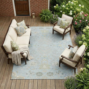 8 Ft X 10 Ft Sky Blue Ivory Oriental Polyester Rug for Indoor Outdoor Spaces