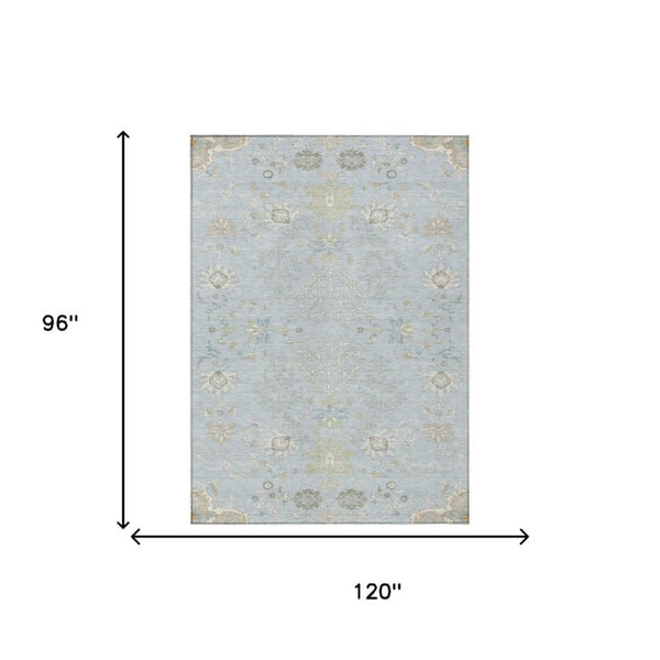 8 Ft X 10 Ft Sky Blue Ivory Oriental Polyester Rug for Indoor Outdoor Spaces