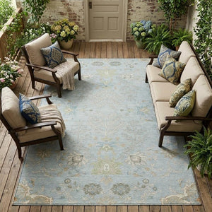 9x12 Sky Blue Ivory Oriental Polyester Area Rug Stain Resistant Indoor Outdoor