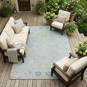 10 Ft X 14 Ft Oriental Polyester Area Rug Sky Blue Ivory Washable Indoor Outdoor