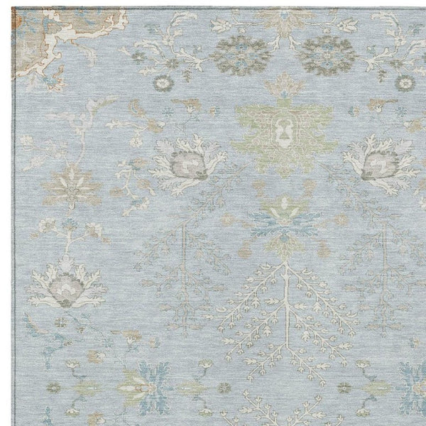 10 Ft X 14 Ft Oriental Polyester Area Rug Sky Blue Ivory Washable Indoor Outdoor
