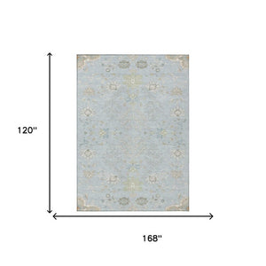 10 Ft X 14 Ft Oriental Polyester Area Rug Sky Blue Ivory Washable Indoor Outdoor