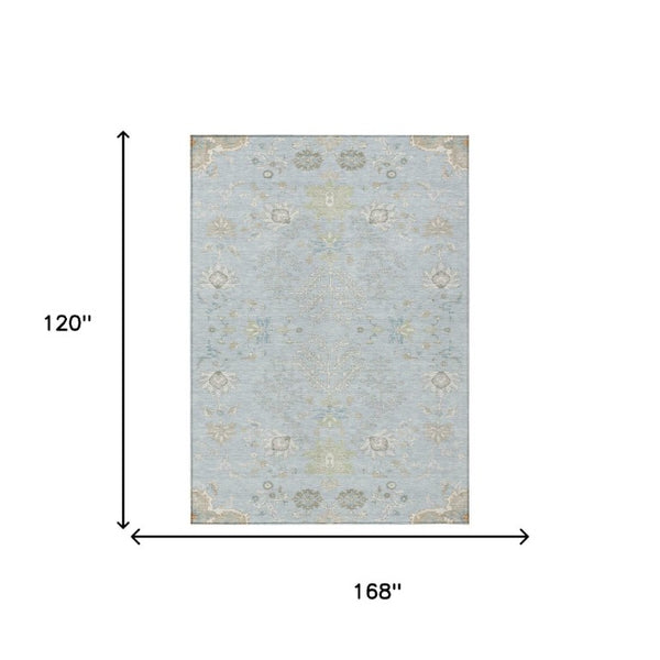 10 Ft X 14 Ft Oriental Polyester Area Rug Sky Blue Ivory Washable Indoor Outdoor