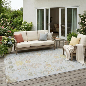 5 X 8 Gray Ivory Oriental Polyester Area Rug for Indoor Outdoor Use