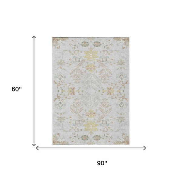 5 X 8 Gray Ivory Oriental Polyester Area Rug for Indoor Outdoor Use
