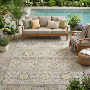 5 X 8 Beige Ivory Tribal Polyester Area Rug Stain Resistant for Patio or Living Room