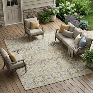 9 X 12 Beige Ivory Tribal Polyester Area Rug Stain Resistant for Patio or Living Room