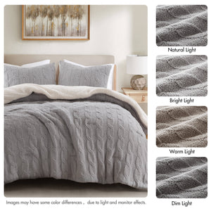 JLA Home Madison Park - Cable Chenille Comforter Set with Sherpa Reverse, Oeko-Tex Plush Cable-Knit Comfort & Durability Gray MP10-8892