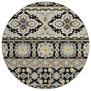 HomeRoots 8 Ft Round Tribal Geometric Polyester Indoor Outdoor Rug Stain Resistant Black Ivory 736176