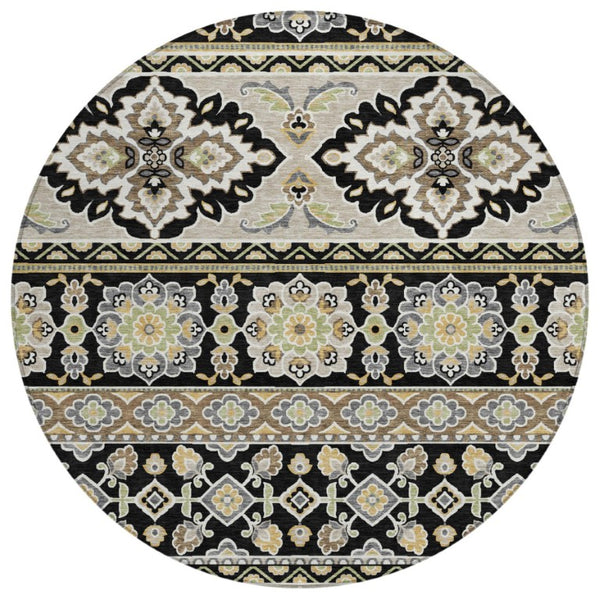 HomeRoots 8 Ft Round Tribal Geometric Polyester Indoor Outdoor Rug Stain Resistant Black Ivory 736176