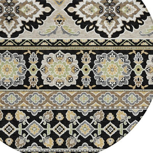 8 Ft Round Tribal Geometric Polyester Indoor Outdoor Rug Stain Resistant Black Ivory