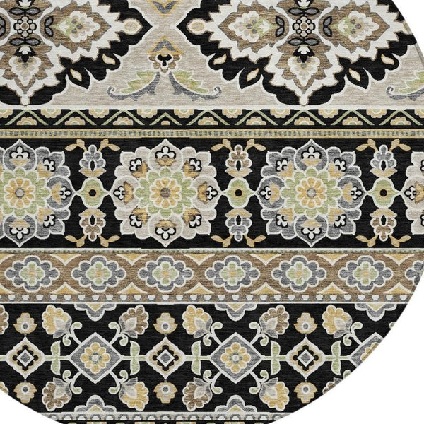 8 Ft Round Tribal Geometric Polyester Indoor Outdoor Rug Stain Resistant Black Ivory