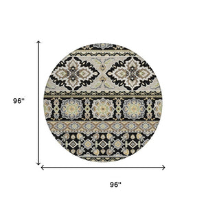 8 Ft Round Tribal Geometric Polyester Indoor Outdoor Rug Stain Resistant Black Ivory