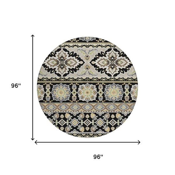 8 Ft Round Tribal Geometric Polyester Indoor Outdoor Rug Stain Resistant Black Ivory