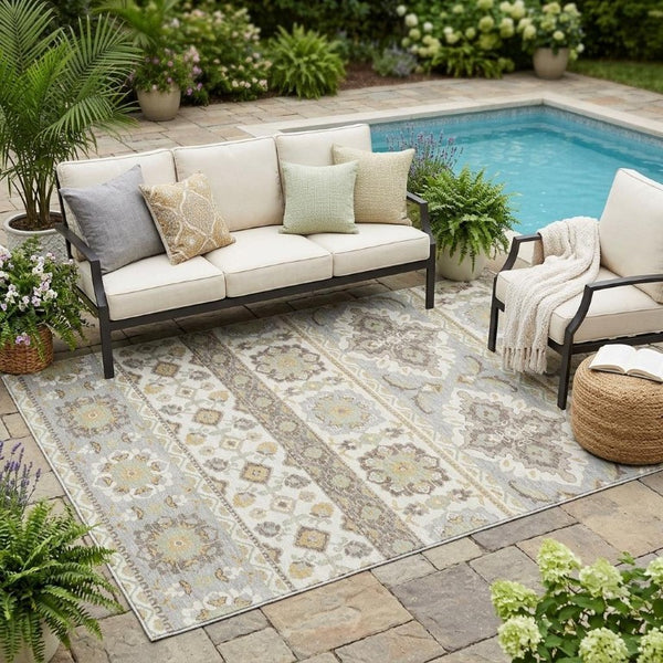 5 X 8 Ivory Silver Tribal Polyester Area Rug Stain Resistant for Indoor Outdoor Use