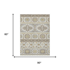 5 X 8 Ivory Silver Tribal Polyester Area Rug Stain Resistant for Indoor Outdoor Use