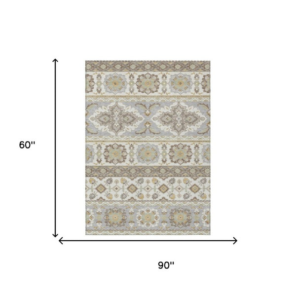 5 X 8 Ivory Silver Tribal Polyester Area Rug Stain Resistant for Indoor Outdoor Use