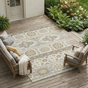 9 X 12 Ivory Silver Tribal Polyester Area Rug Stain Resistant Indoor Outdoor Use