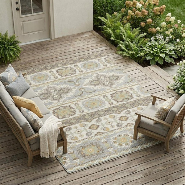 9 X 12 Ivory Silver Tribal Polyester Area Rug Stain Resistant Indoor Outdoor Use