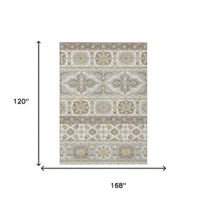 10 X 14 Ivory Silver Tribal Polyester Area Rug Stain Resistant Indoor Outdoor